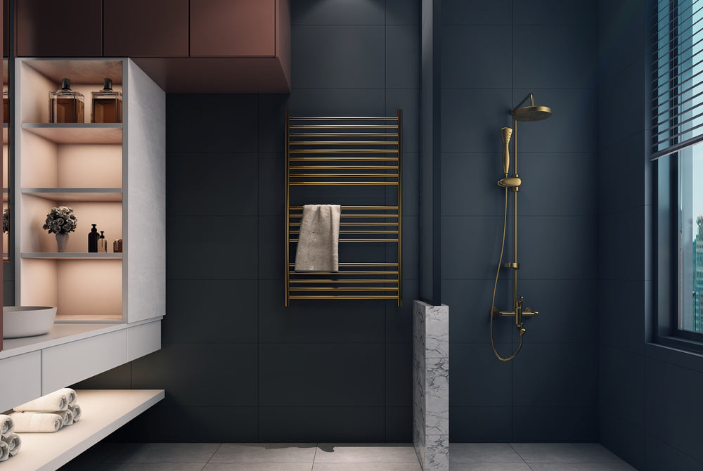 LINSOL ALLEGRA 19 BAR WIDE HEATED TOWEL RAIL BRUSHED BRASS 1200MM