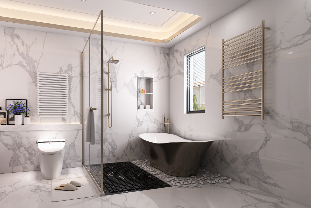 LINSOL ALLEGRA 19 BAR WIDE HEATED TOWEL RAIL BRUSHED NICKEL 1200MM