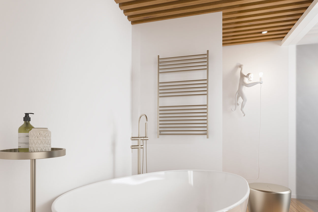 LINSOL ALLEGRA 19 BAR WIDE HEATED TOWEL RAIL BRUSHED NICKEL 1200MM