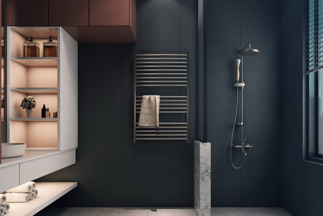 LINSOL ALLEGRA 19 BAR WIDE HEATED TOWEL RAIL BRUSHED NICKEL 1200MM