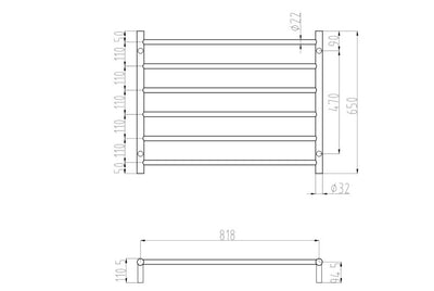 LINSOL ALLEGRA 6 BAR WIDE HEATED TOWEL RAIL CHROME 650MM
