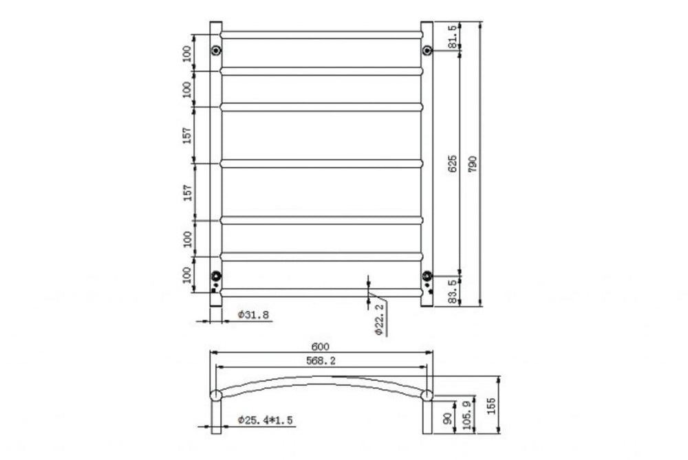 LINSOL ALLEGRA 7 BAR CURVED HEATED TOWEL RAIL CHROME 810MM