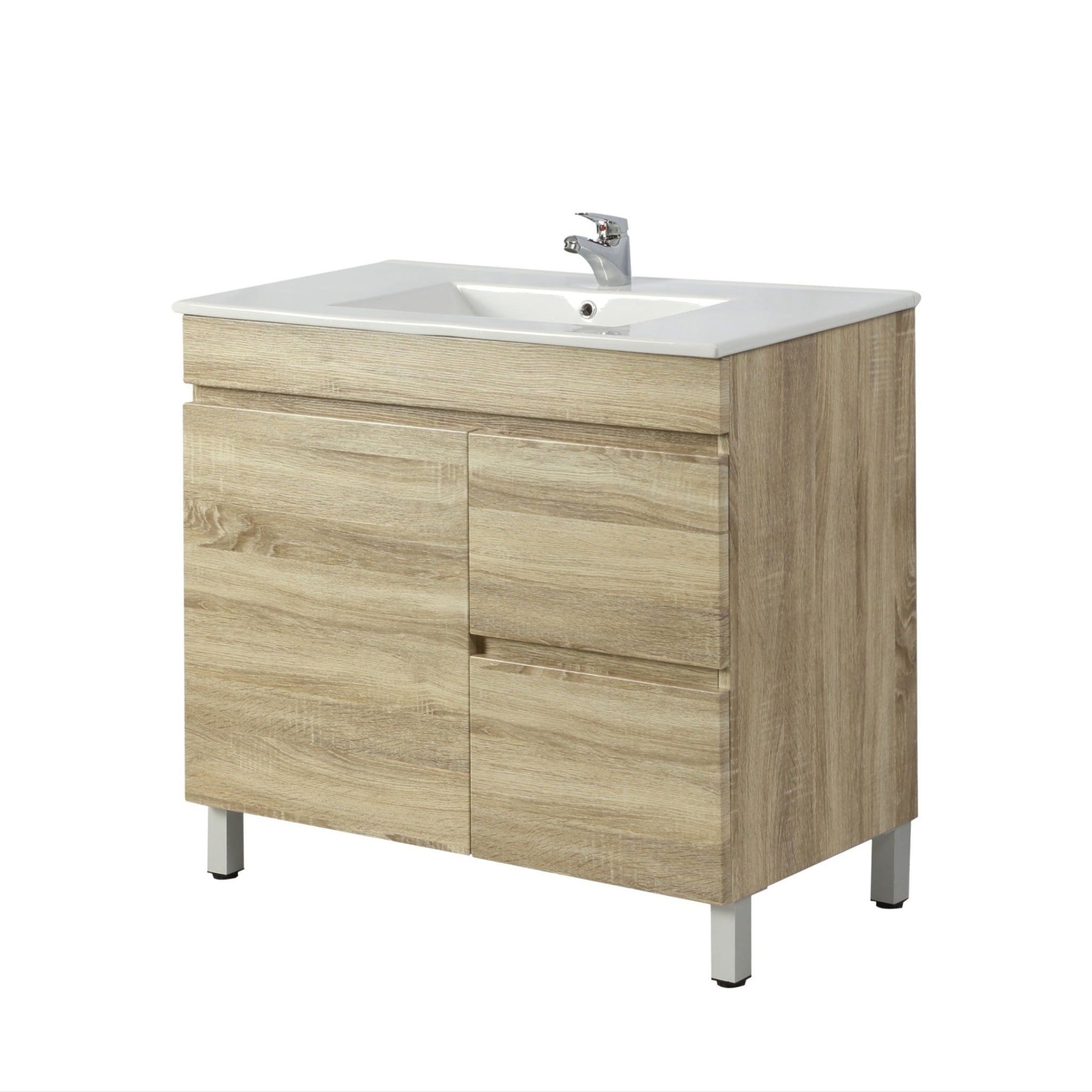 POSEIDON BERGE WHITE OAK 900MM FLOOR STANDING VANITY (AVAILABLE IN LEFT HAND DRAWER AND RIGHT HAND DRAWER)
