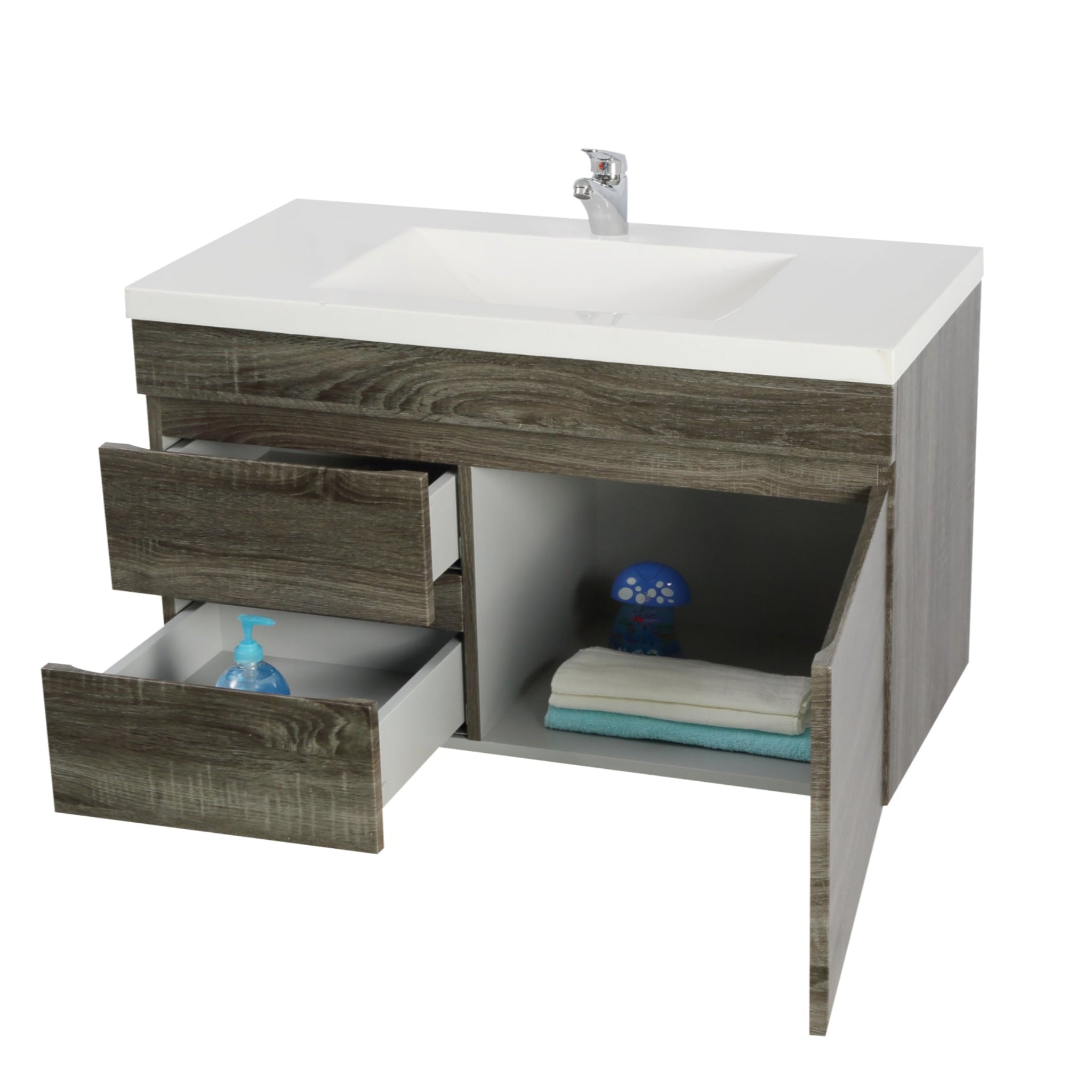 POSEIDON DARK GREY 900MM SINGLE BOWL WALL HUNG VANITY (AVAILABLE IN LEFT HAND DRAWER AND RIGHT HAND DRAWER)
