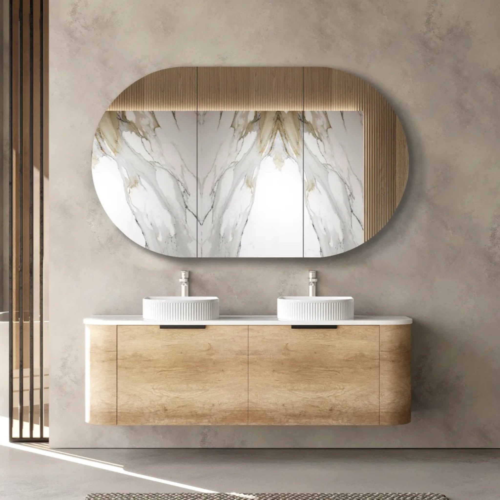 OTTI BONDI NATURAL OAK 1500MM CURVE DOUBLE BOWL WALL HUNG VANITY