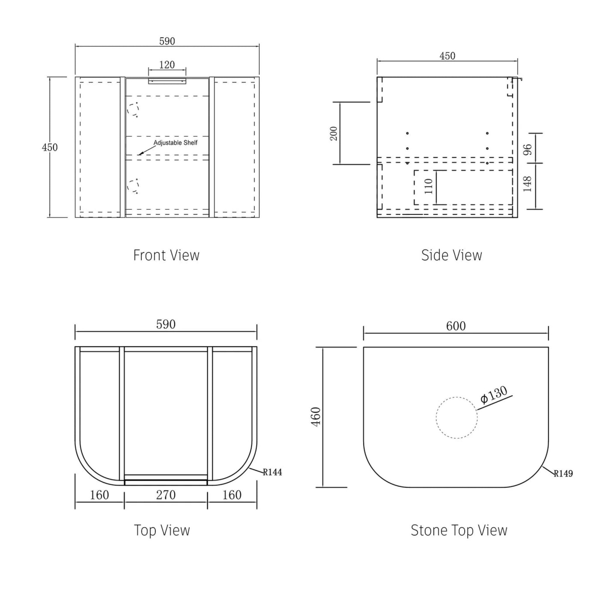 OTTI BONDI NATURAL OAK 600MM CURVE SINGLE BOWL WALL HUNG VANITY