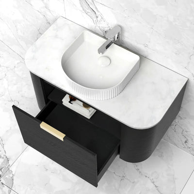 OTTI BONDI BLACK OAK 900MM CURVE SINGLE BOWL WALL HUNG VANITY