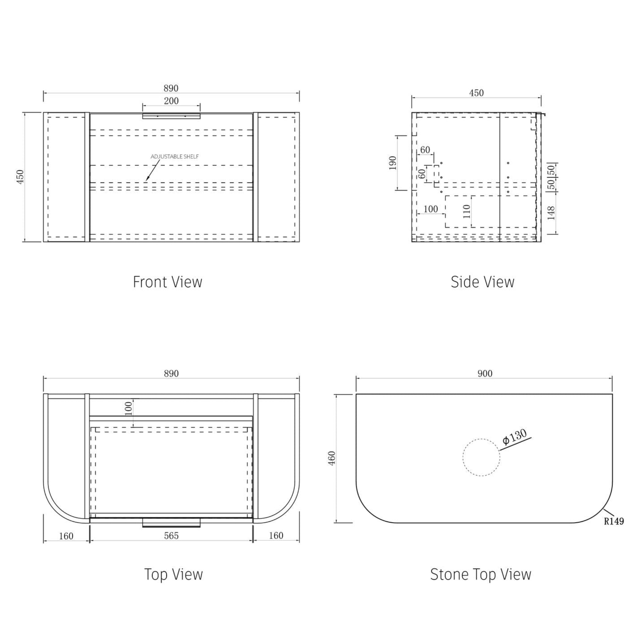 OTTI BONDI NATURAL OAK 900MM CURVE SINGLE BOWL WALL HUNG VANITY