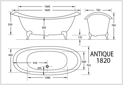 BROADWAY ANTIQUE CLAWFOOT BATH WHITE 1820MM