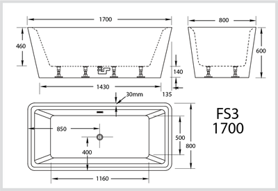 BROADWAY FS3 FREESTANDING BATH BLACK 1700MM