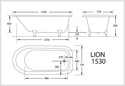 BROADWAY LION CAST IRON CLAWFOOT BATH WHITE (AVAILABLE IN 1530MM AND 1710MM)