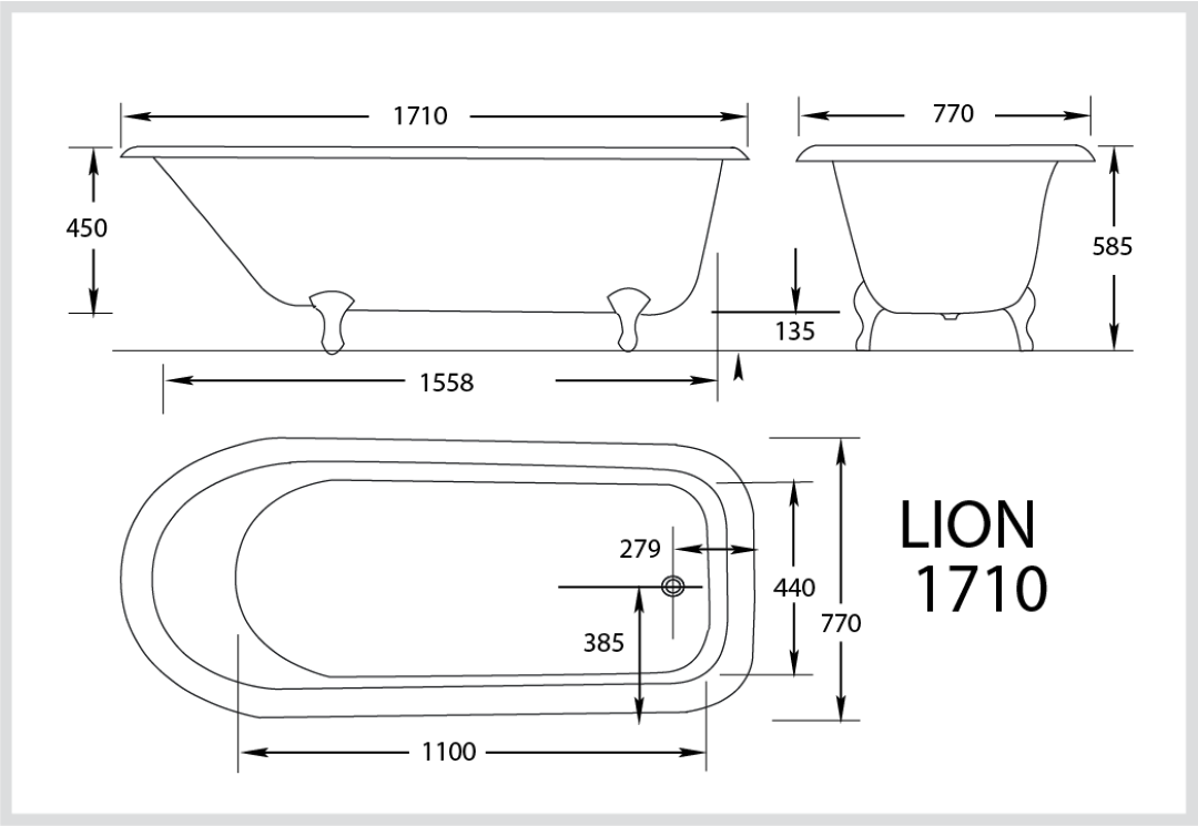 BROADWAY LION CAST IRON CLAWFOOT BATH WHITE (AVAILABLE IN 1530MM AND 1710MM)
