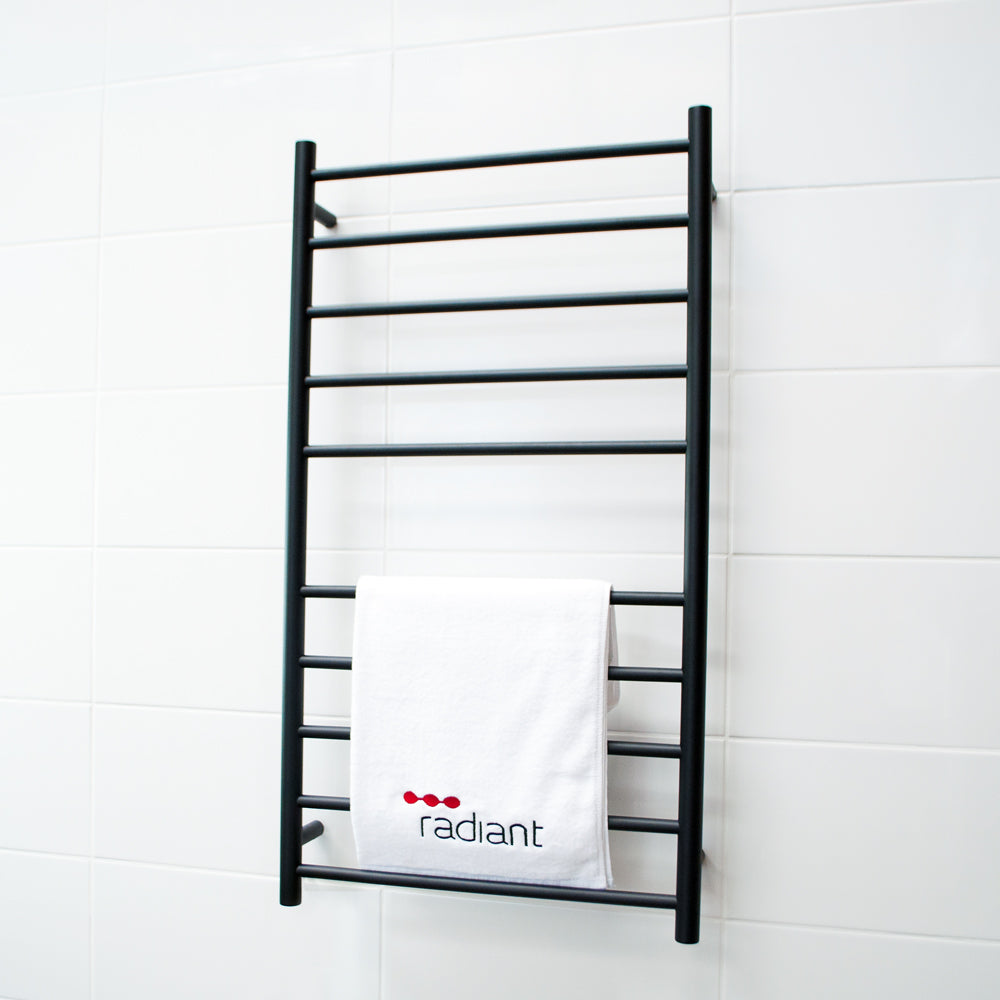 RADIANT HEATING 10-BARS ROUND HEATED TOWEL RAIL MATTE BLACK 600MM