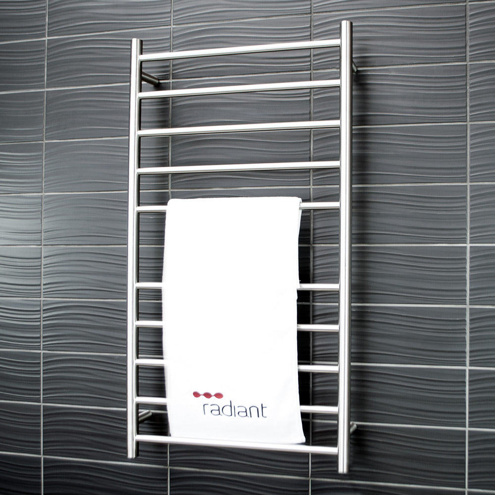 RADIANT HEATING 10-BARS ROUND HEATED TOWEL RAIL BRUSHED SATIN 1100MM