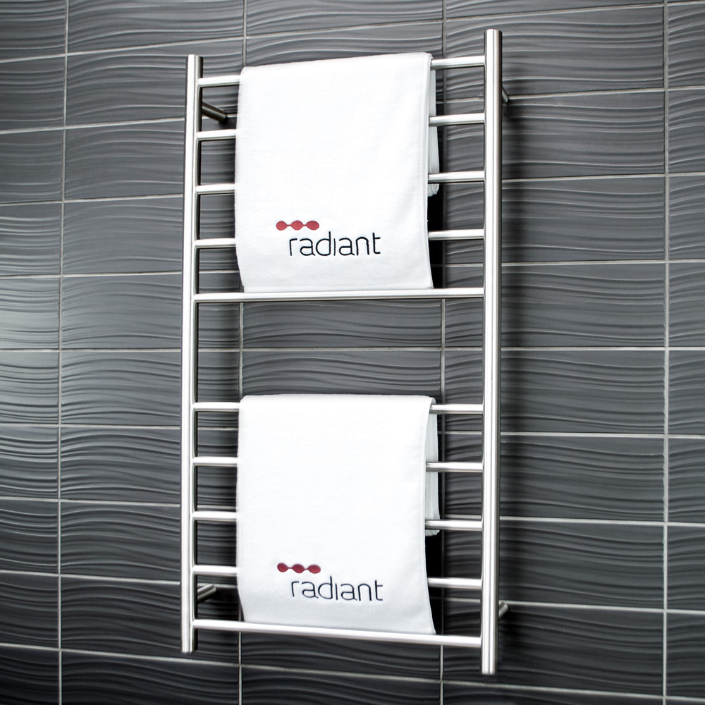 RADIANT HEATING 10-BARS ROUND HEATED TOWEL RAIL BRUSHED SATIN 1100MM