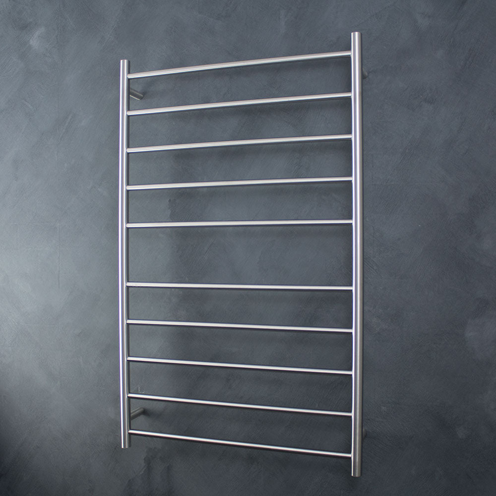 RADIANT HEATING 10-BARS ROUND HEATED TOWEL RAIL BRUSHED SATIN 130WATTS 750MM