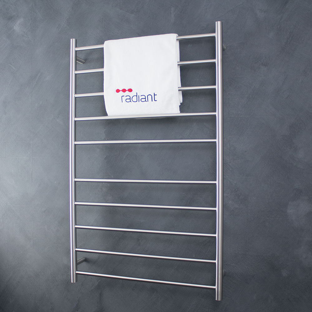 RADIANT HEATING 10-BARS ROUND HEATED TOWEL RAIL BRUSHED SATIN 130WATTS 750MM