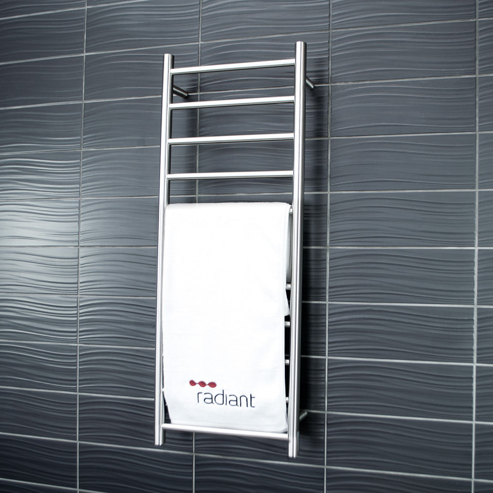 RADIANT HEATING 10-BARS ROUND HEATED TOWEL RAIL BRUSHED SATIN 80WATTS 430MM