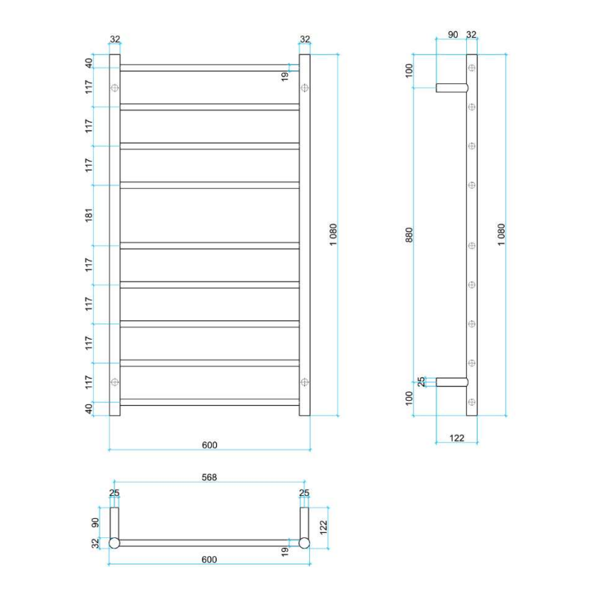 THERMOGROUP STRAIGHT ROUND BUDGET LADDER HEATED TOWEL RAIL 600MM