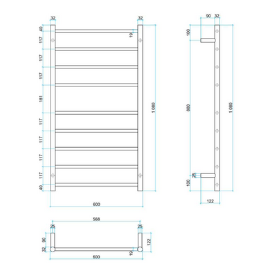 THERMOGROUP STRAIGHT ROUND BUDGET LADDER HEATED TOWEL RAIL 600MM