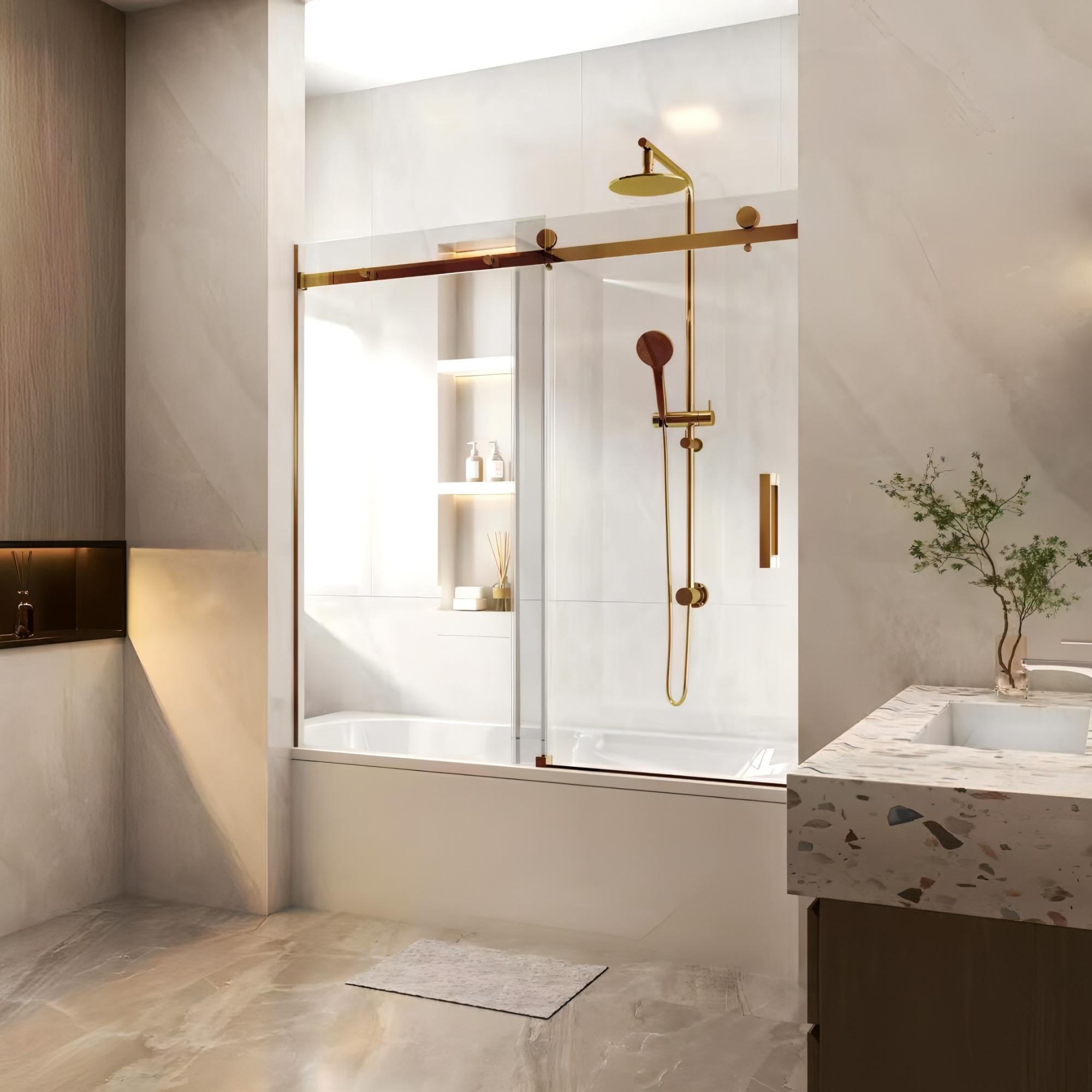 COVEY WALL TO WALL FRAMELESS SINGLE SLIDING DOOR BATH SCREEN BRUSHED GOLD