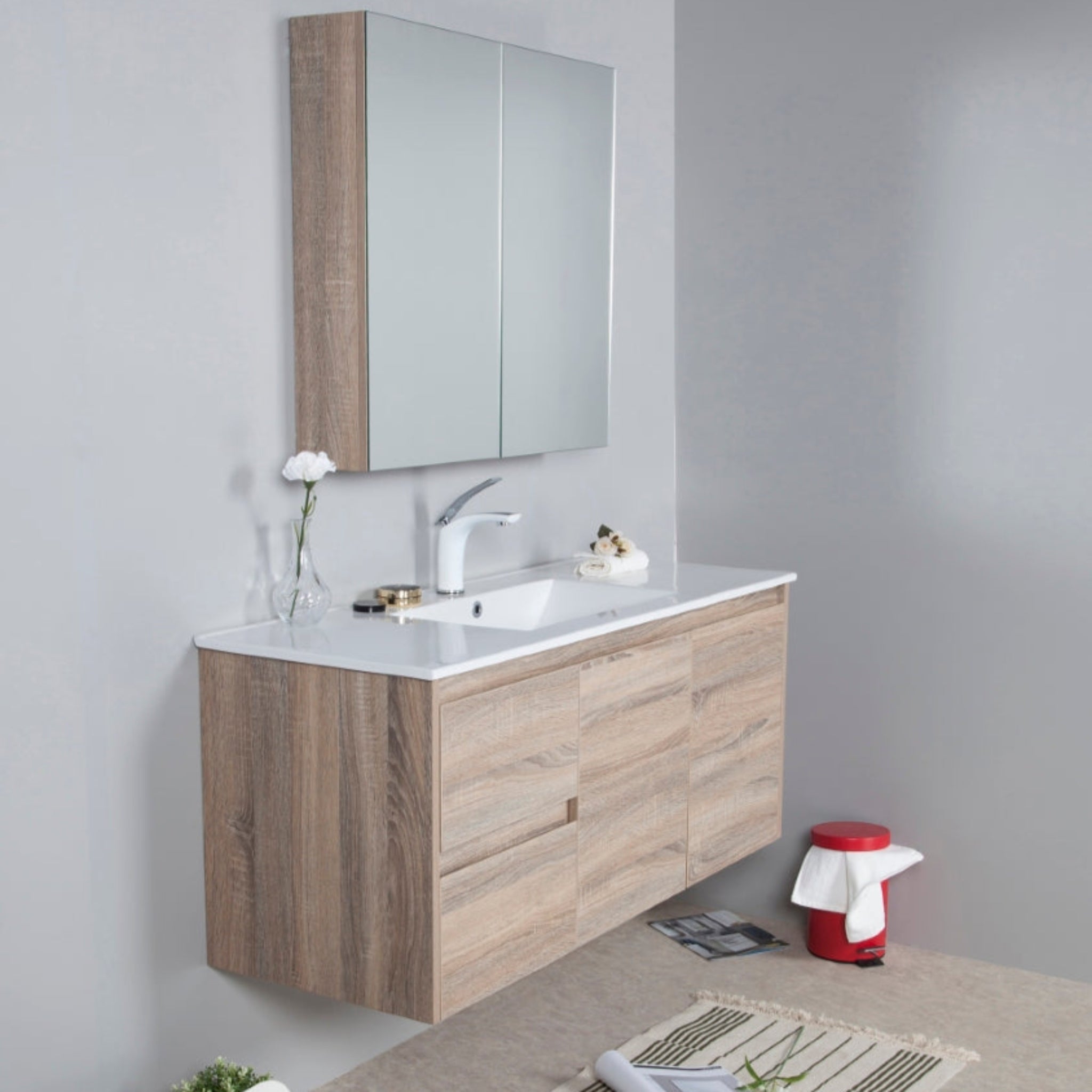 AULIC GRACE WHITE OAK 1200MM SINGLE BOWL WALL HUNG VANITY (AVAILABLE IN LEFT AND RIGHT HAND DRAWER)
