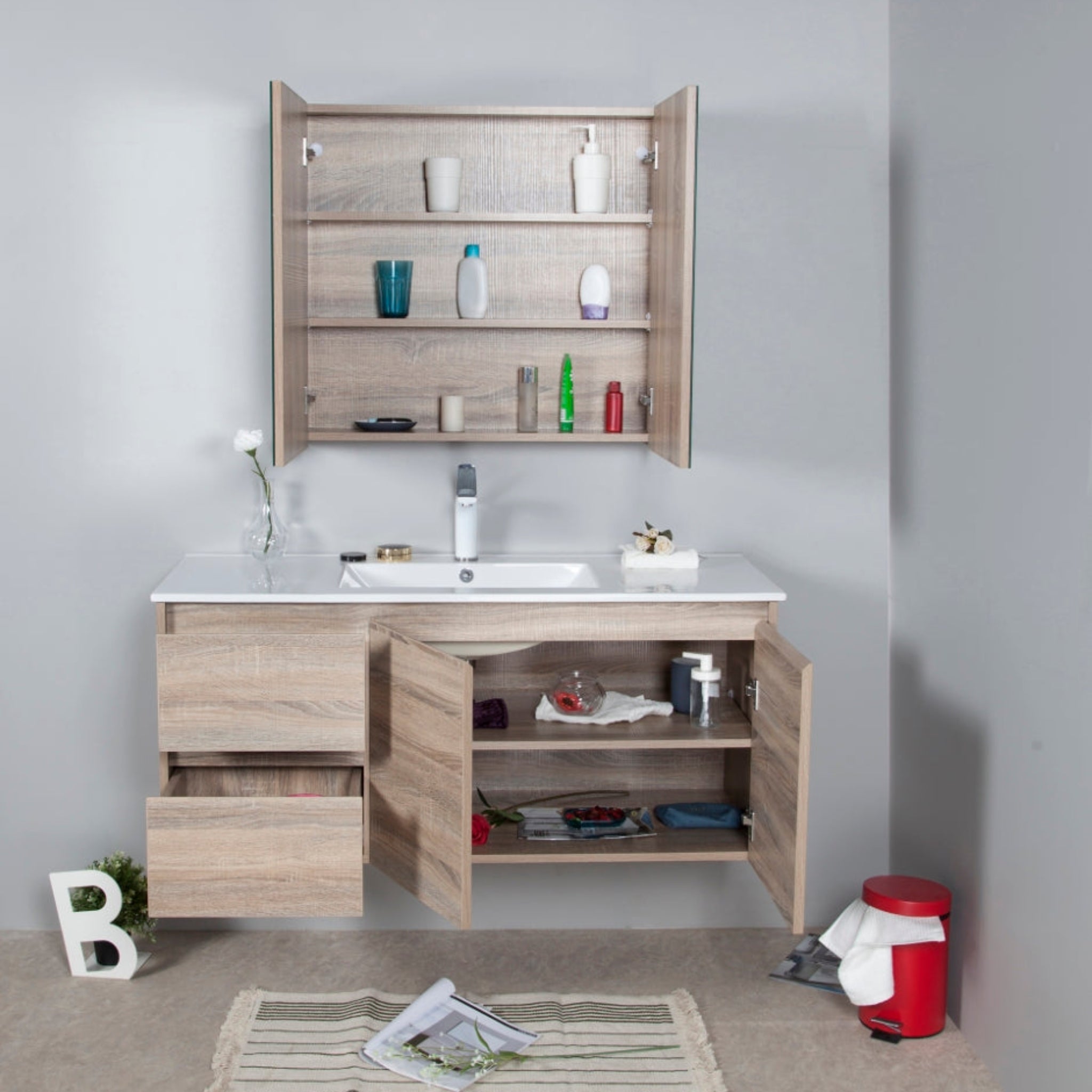 AULIC GRACE WHITE OAK 1200MM SINGLE BOWL WALL HUNG VANITY (AVAILABLE IN LEFT AND RIGHT HAND DRAWER)