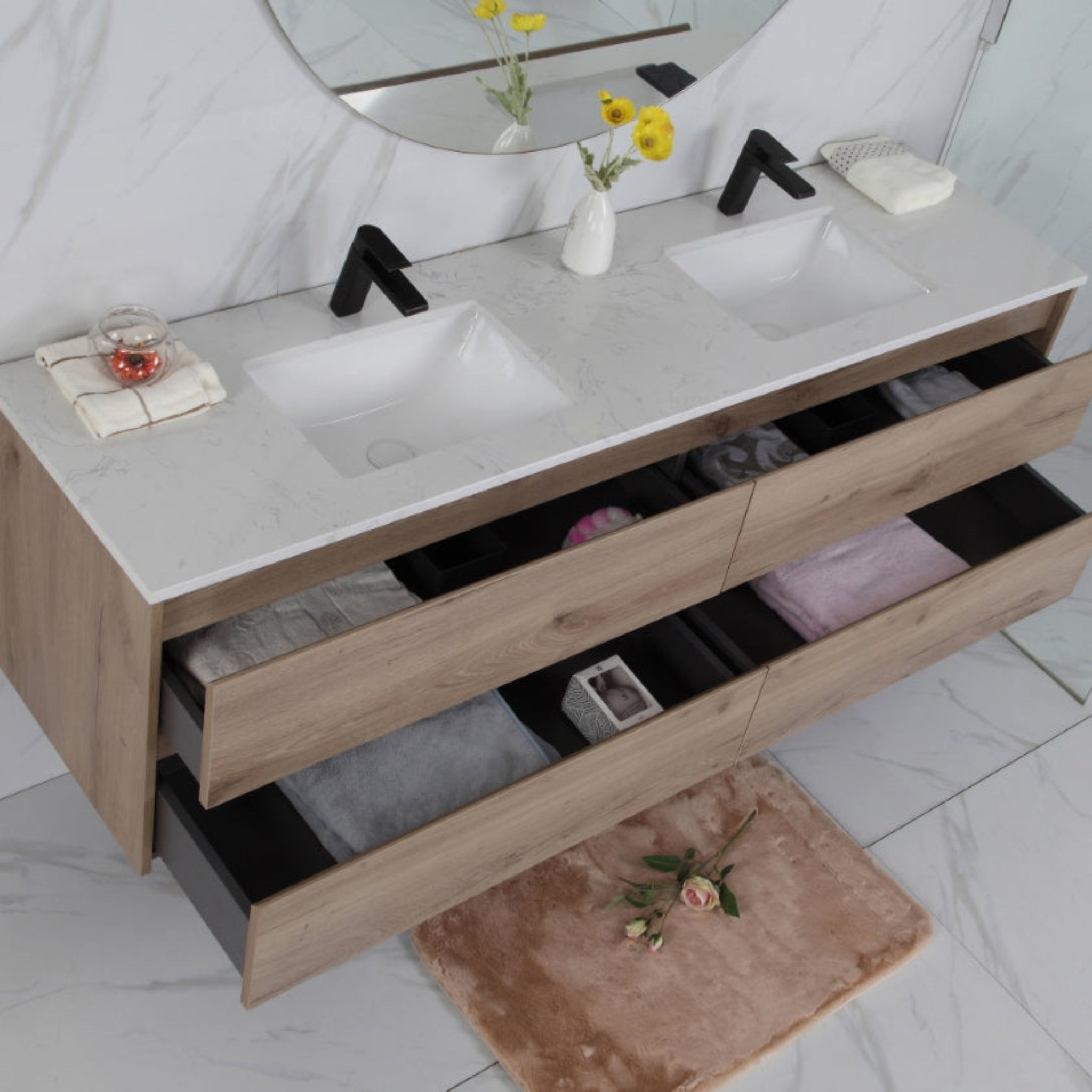 AULIC MAX WHITE OAK 1500MM DOUBLE BOWL WALL HUNG VANITY