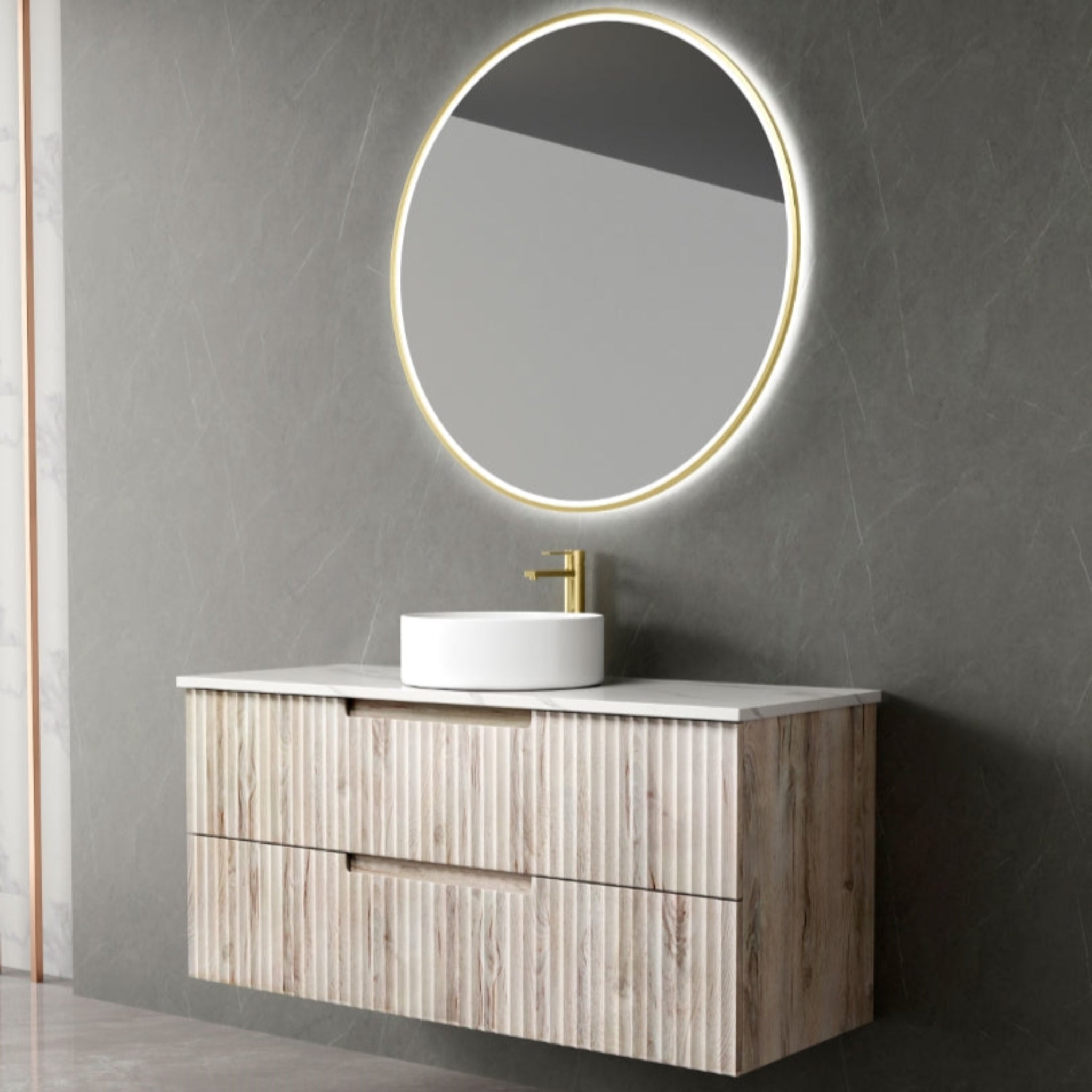 AULIC TUSCANA WOOD GRAIN 1200MM SINGLE BOWL WALL HUNG VANITY W/ GERMAN HETTICH RUNNERS