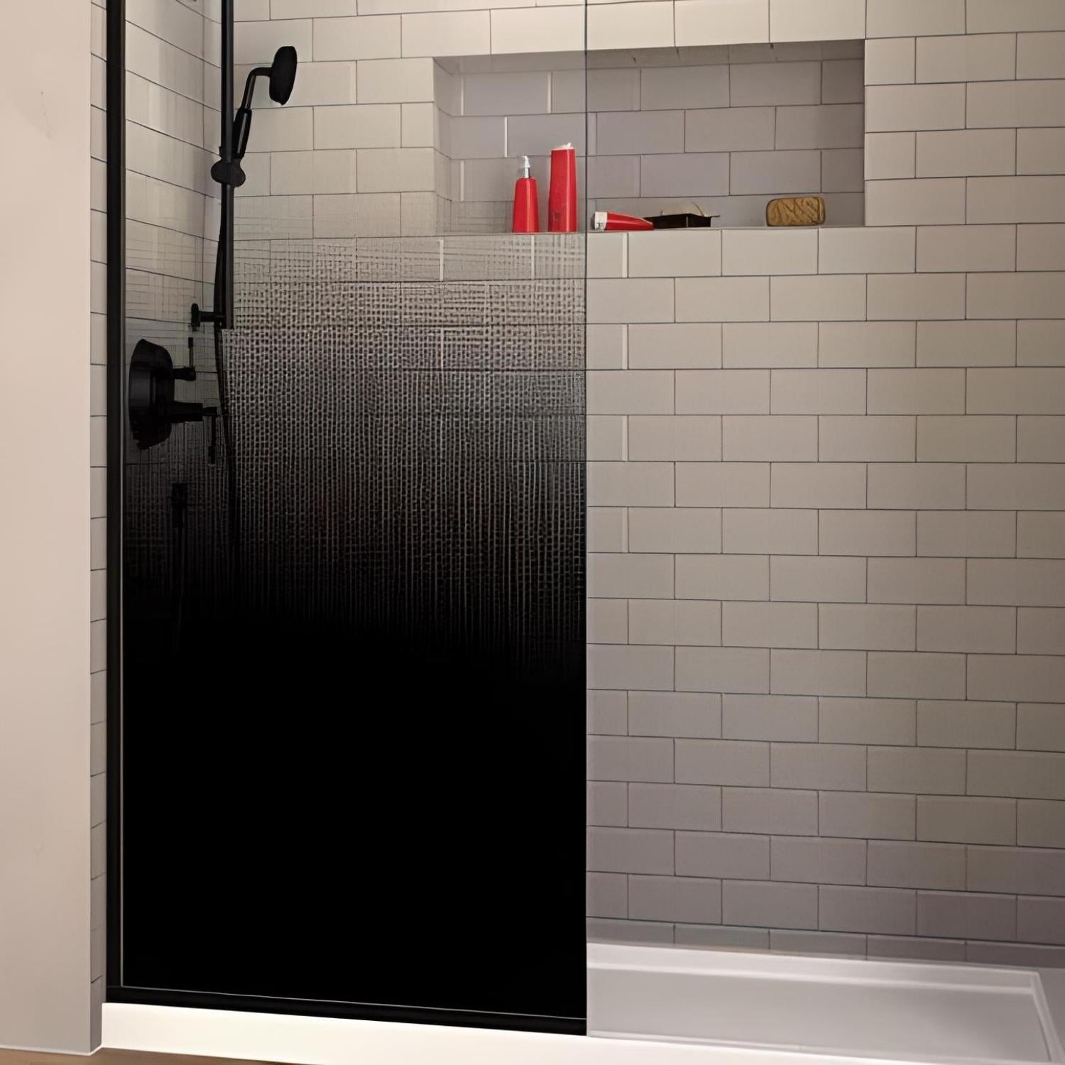 COVEY FRAMELESS WALK IN DARK GLASS SINGLE FIXED PANEL WITH WALL CHANNEL MATTE BLACK