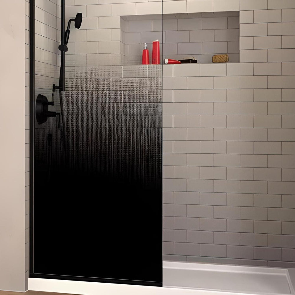 COVEY FRAMELESS WALK IN DARK GLASS SINGLE FIXED PANEL WITH WALL CHANNEL MATTE BLACK