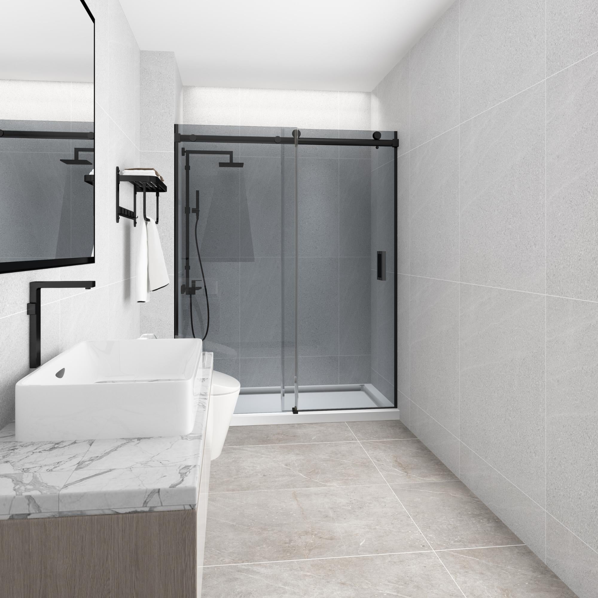 COVEY WALL TO WALL FRAMELESS SINGLE SLIDING DOOR GREY GLASS SHOWER SCREEN GUN METAL