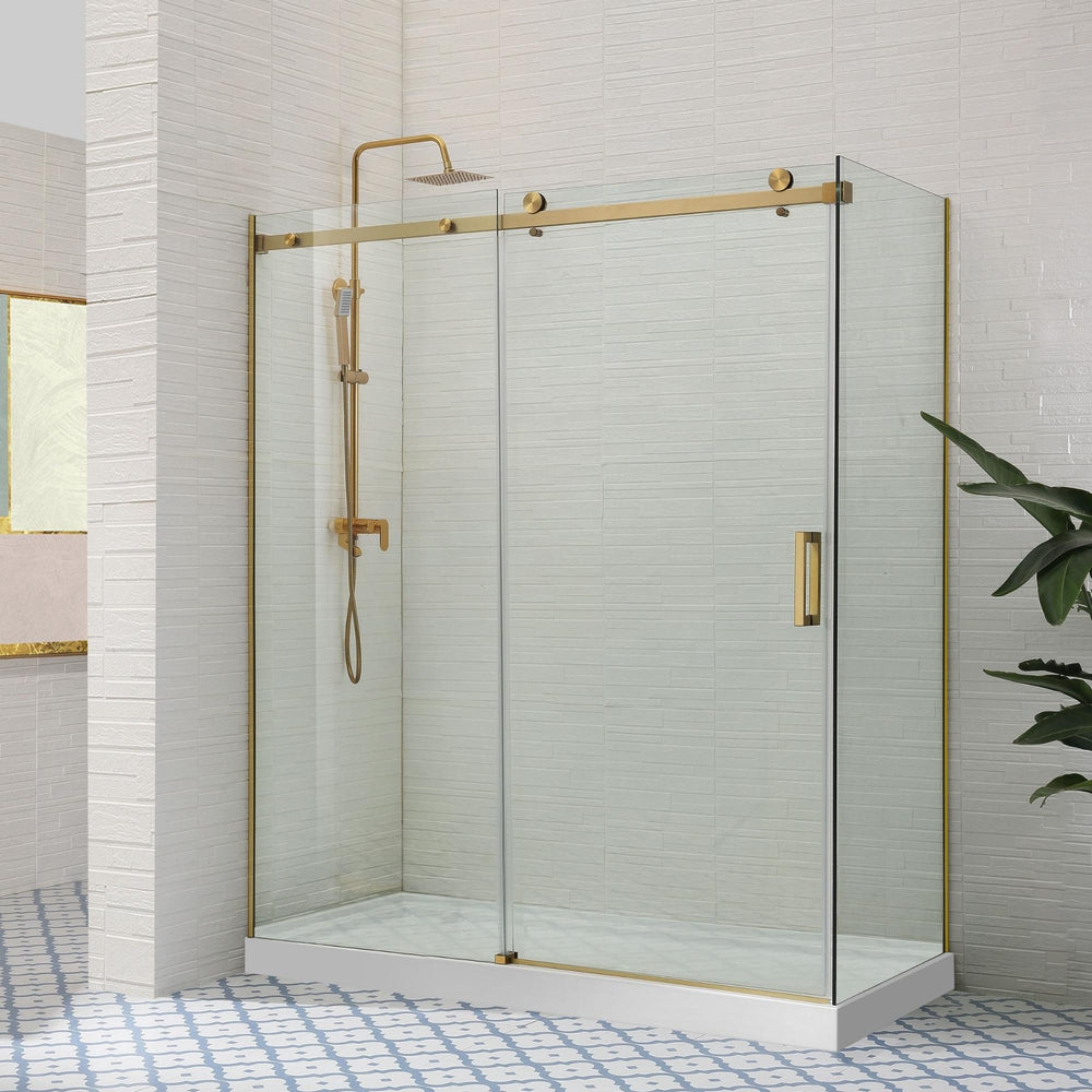 COVEY WALL TO WALL FRAMELESS SINGLE SLIDING DOOR SHOWER SCREEN BRUSHED GOLD