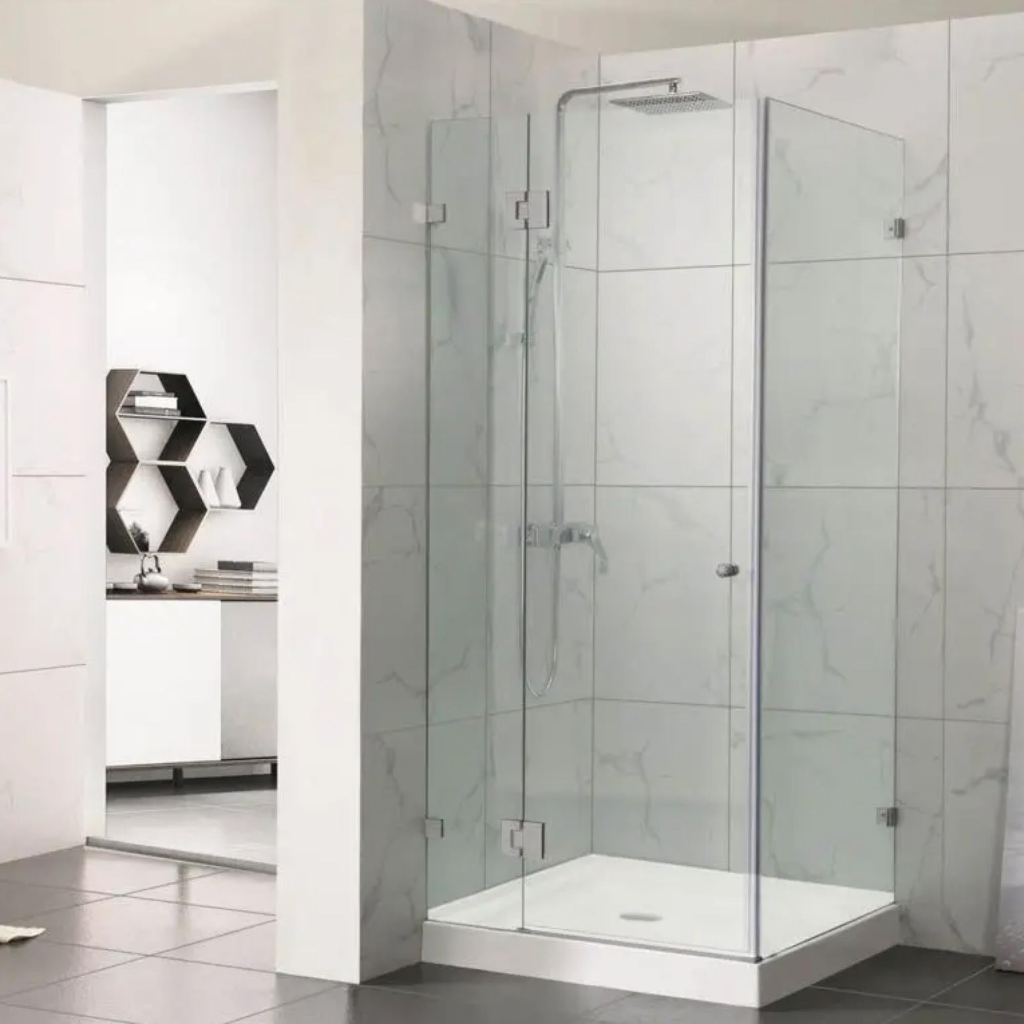 COVEY WALL TO WALL FRAMELESS PIVOTAL HINGE DOOR SHOWER SCREEN BRUSHED NICKEL