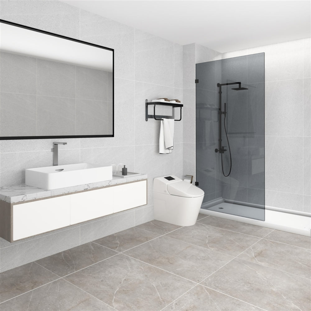 COVEY FRAMELESS WALK IN SINGLE PANEL GREY TINTED GLASS SHOWER SCREEN MATTE BLACK