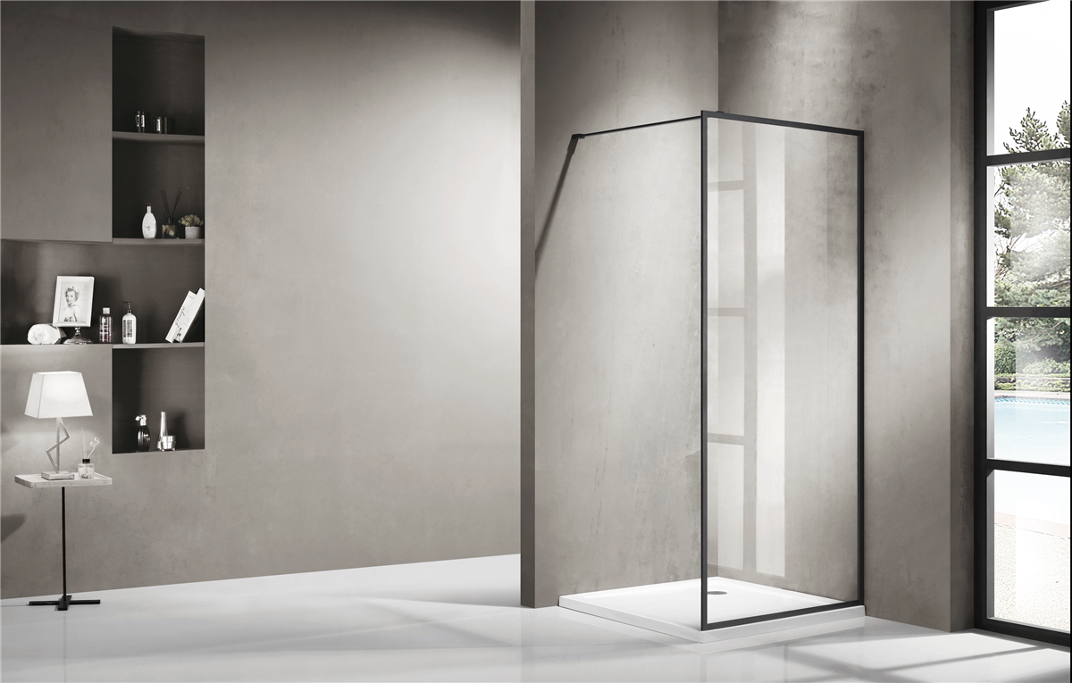 COVEY FRAMED WALK IN SINGLE PANEL WITH SUPPORT BAR SHOWER SCREEN MATTE BLACK