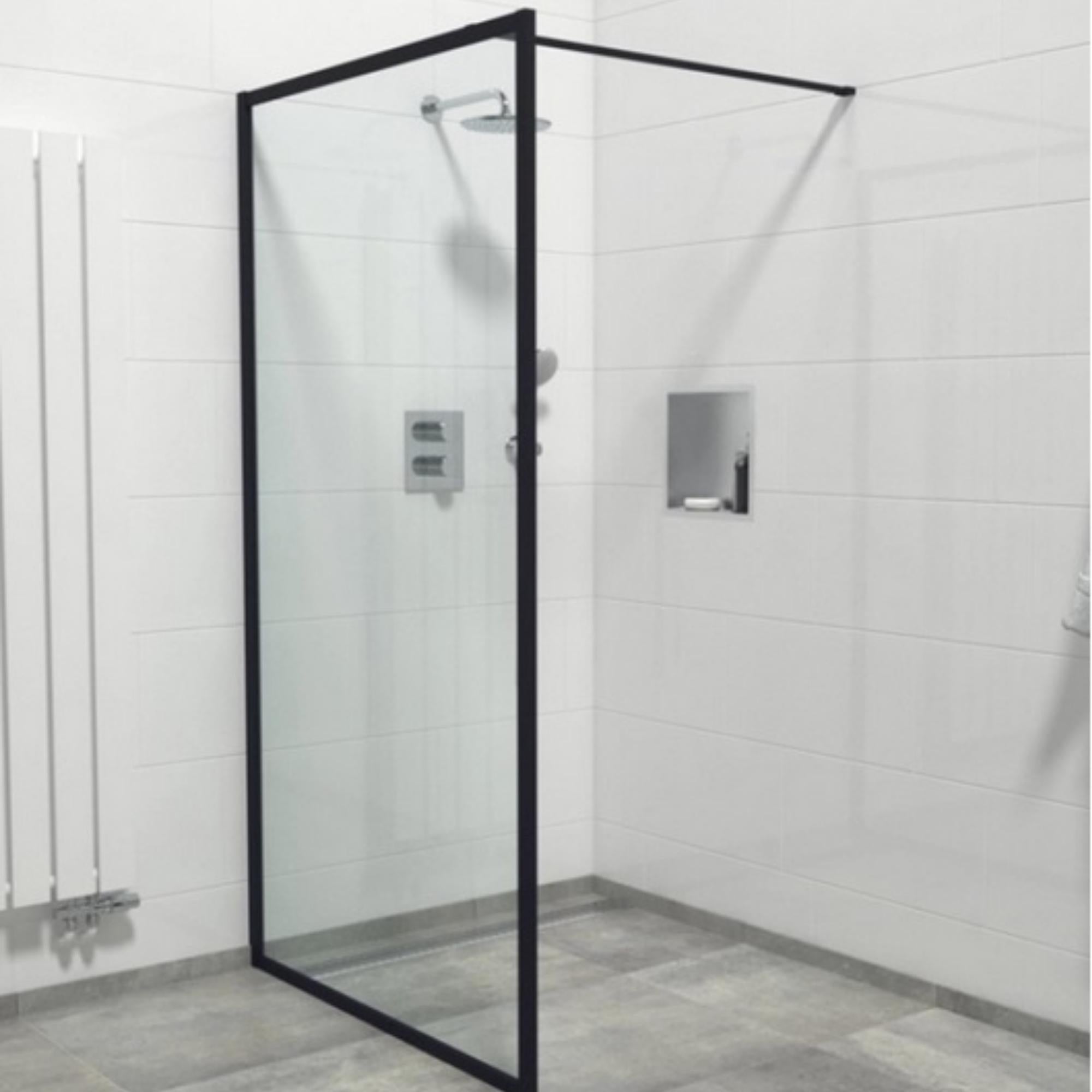 COVEY FRAMED WALK IN SINGLE PANEL WITH SUPPORT BAR SHOWER SCREEN MATTE BLACK