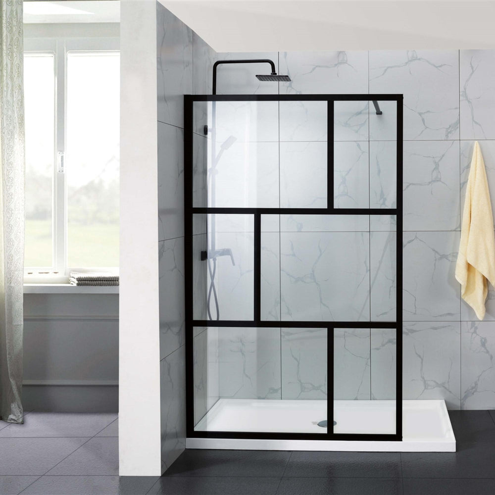 COVEY FRAMED WALK IN SINGLE PANEL WITH SUPPORT BAR SHOWER SCREEN MATTE BLACK