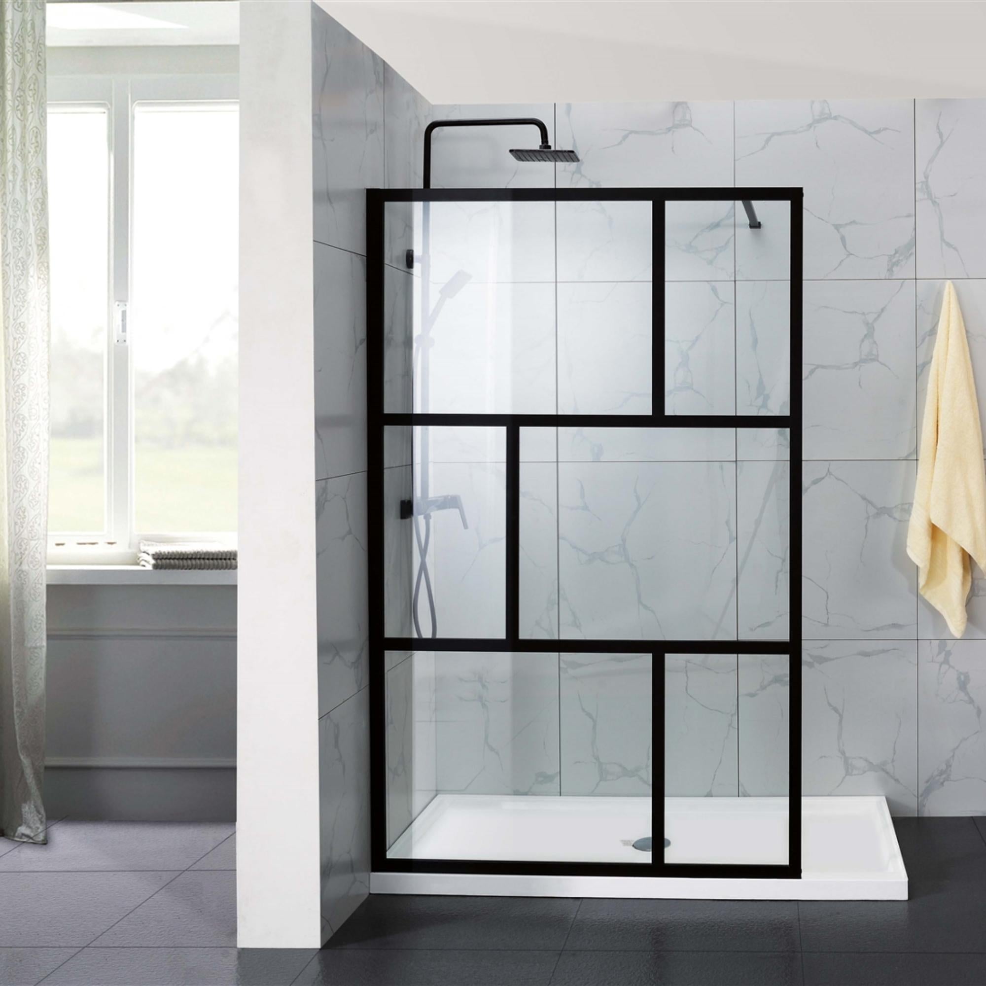 COVEY FRAMED WALK IN SINGLE PANEL WITH SUPPORT BAR SHOWER SCREEN MATTE BLACK