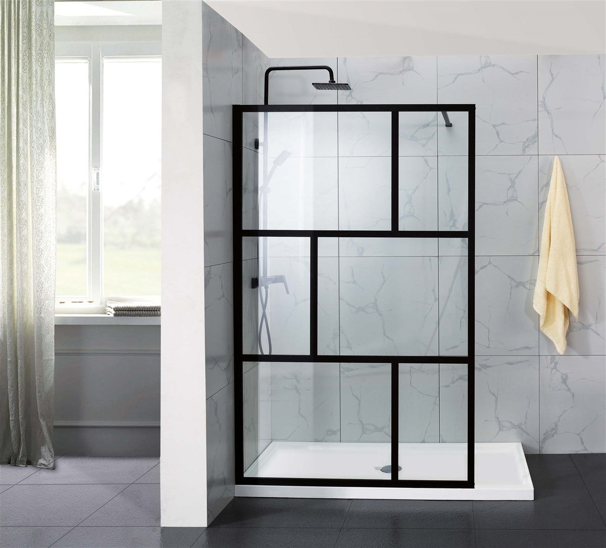 COVEY FRAMED WALK IN SINGLE PANEL WITH SUPPORT BAR SHOWER SCREEN MATTE BLACK