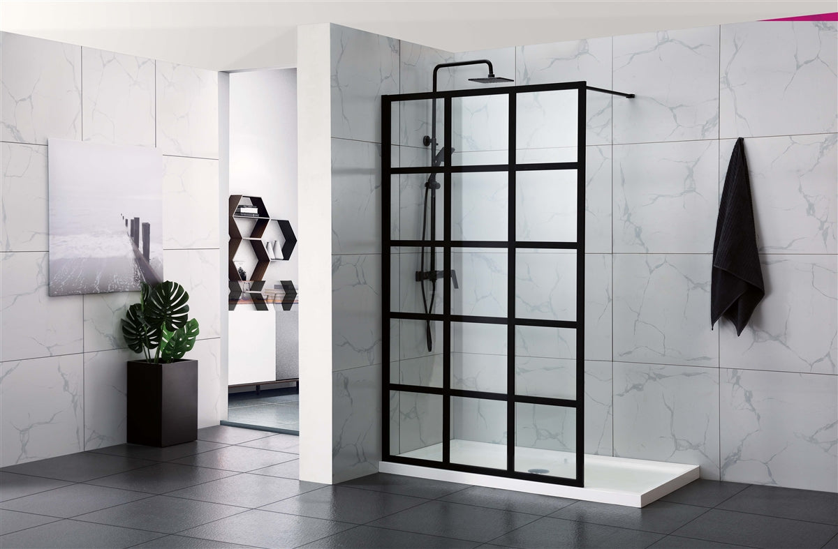 COVEY FRAMED 15 PRINTED GRILLS WALK IN SINGLE PANEL SHOWER SCREEN MATTE BLACK