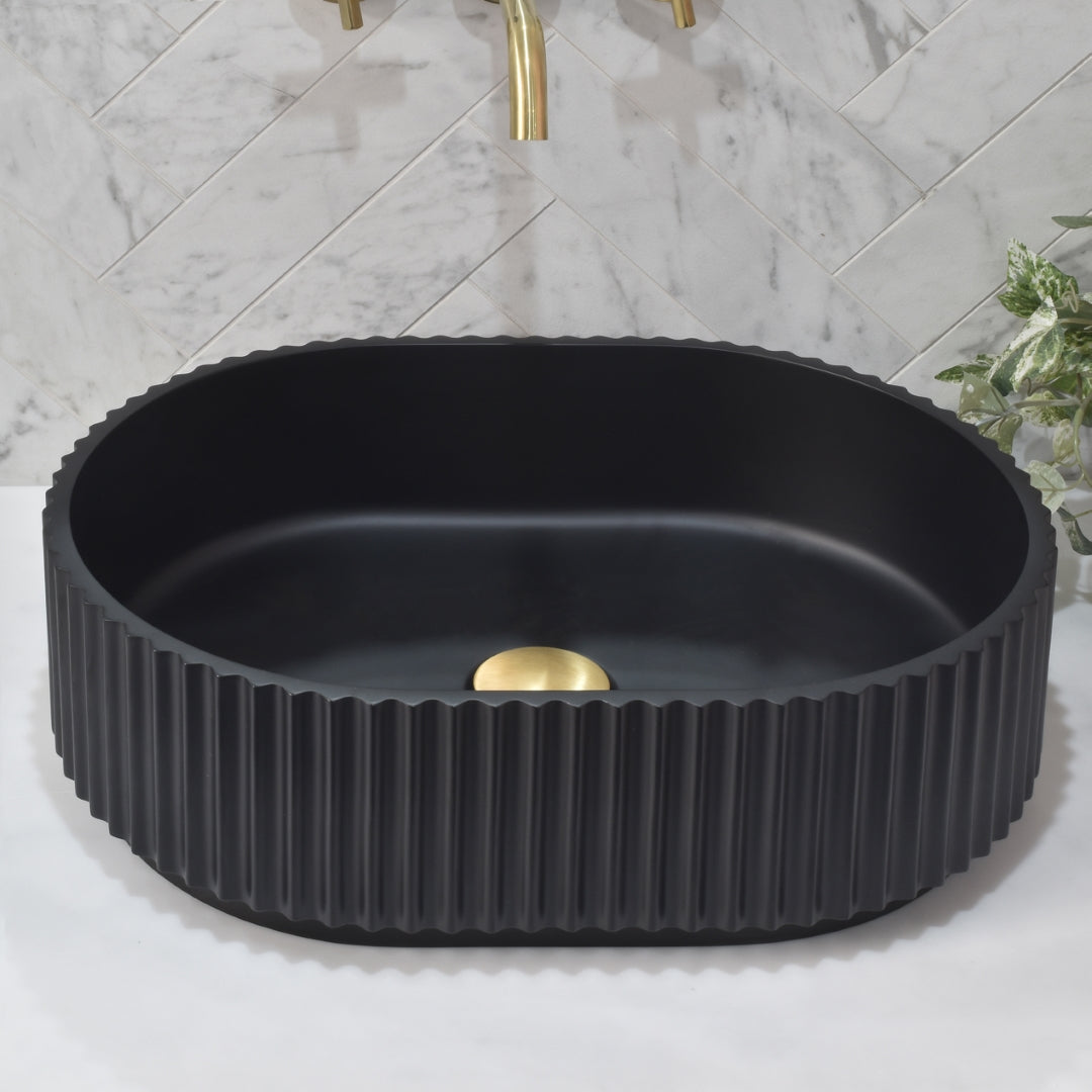 ENFLAIR STADIO GROOVE FLUTED OVAL SHAPE ABOVE COUNTER BASIN MATTE BLACK 480MM