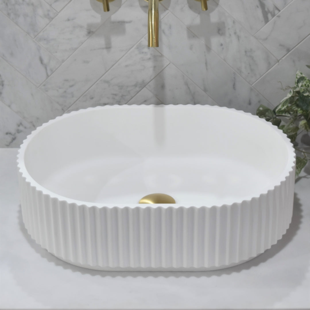 ENFLAIR STADIO GROOVE FLUTED OVAL SHAPE ABOVE COUNTER BASIN MATTE WHITE 480MM