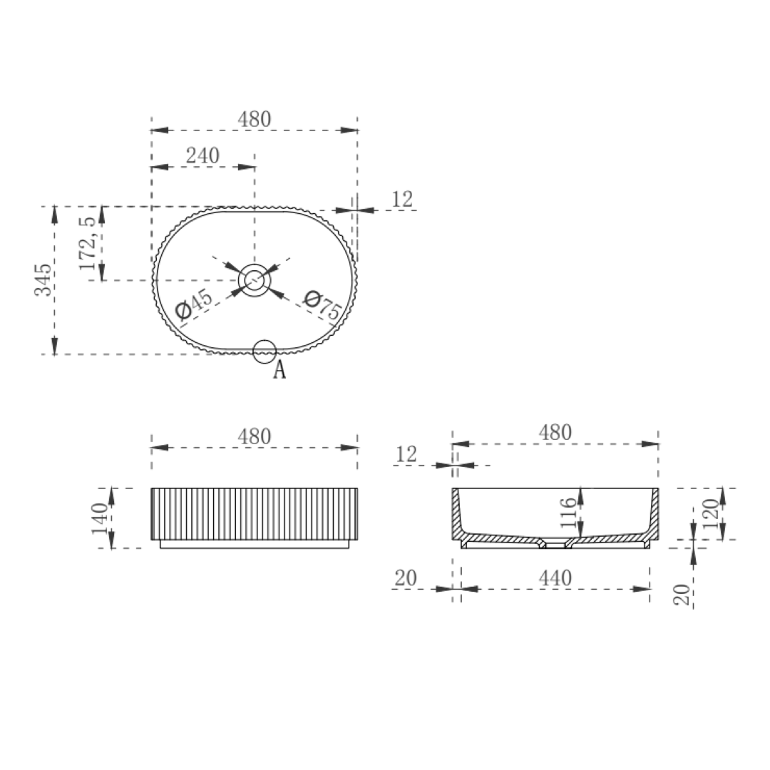 ENFLAIR STADIO GROOVE FLUTED OVAL SHAPE ABOVE COUNTER BASIN MATTE BLACK 480MM