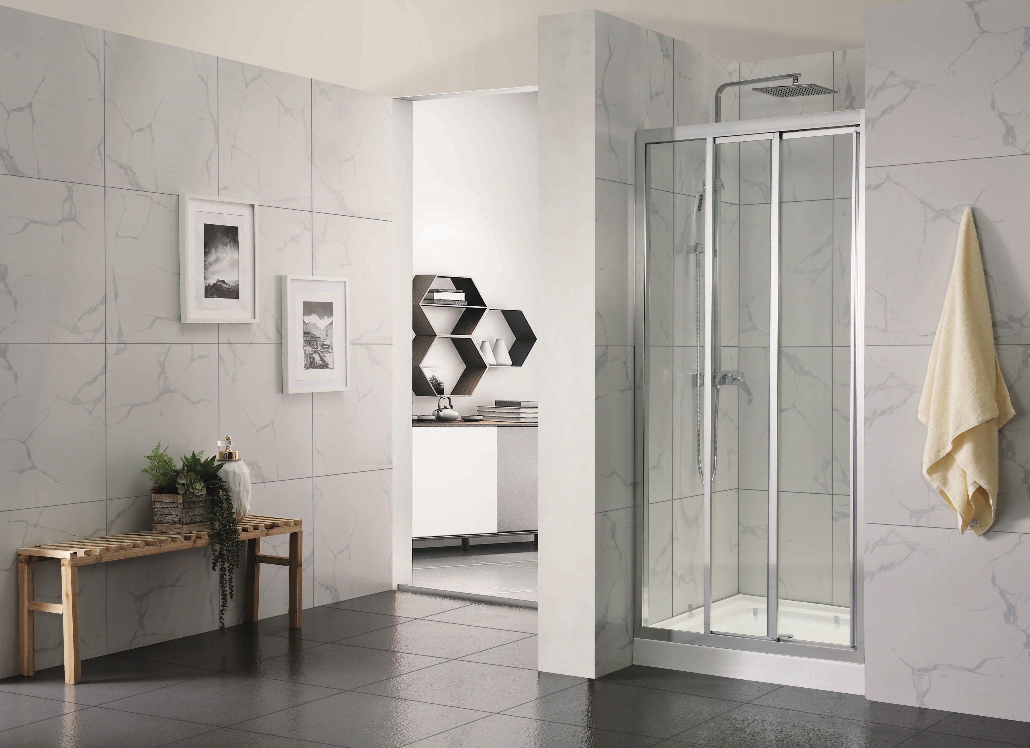 COVEY SEMI-FRAMED TRIPLE SLIDING DOOR WITH 3 PANEL SHOWER SCREEN CHROME