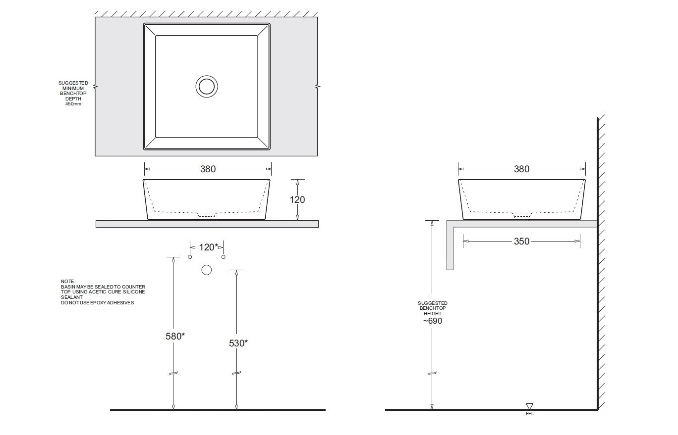JOHNSON SUISSE VENEZIA SQUARE COUNTER TOP BASIN ASH 380MM