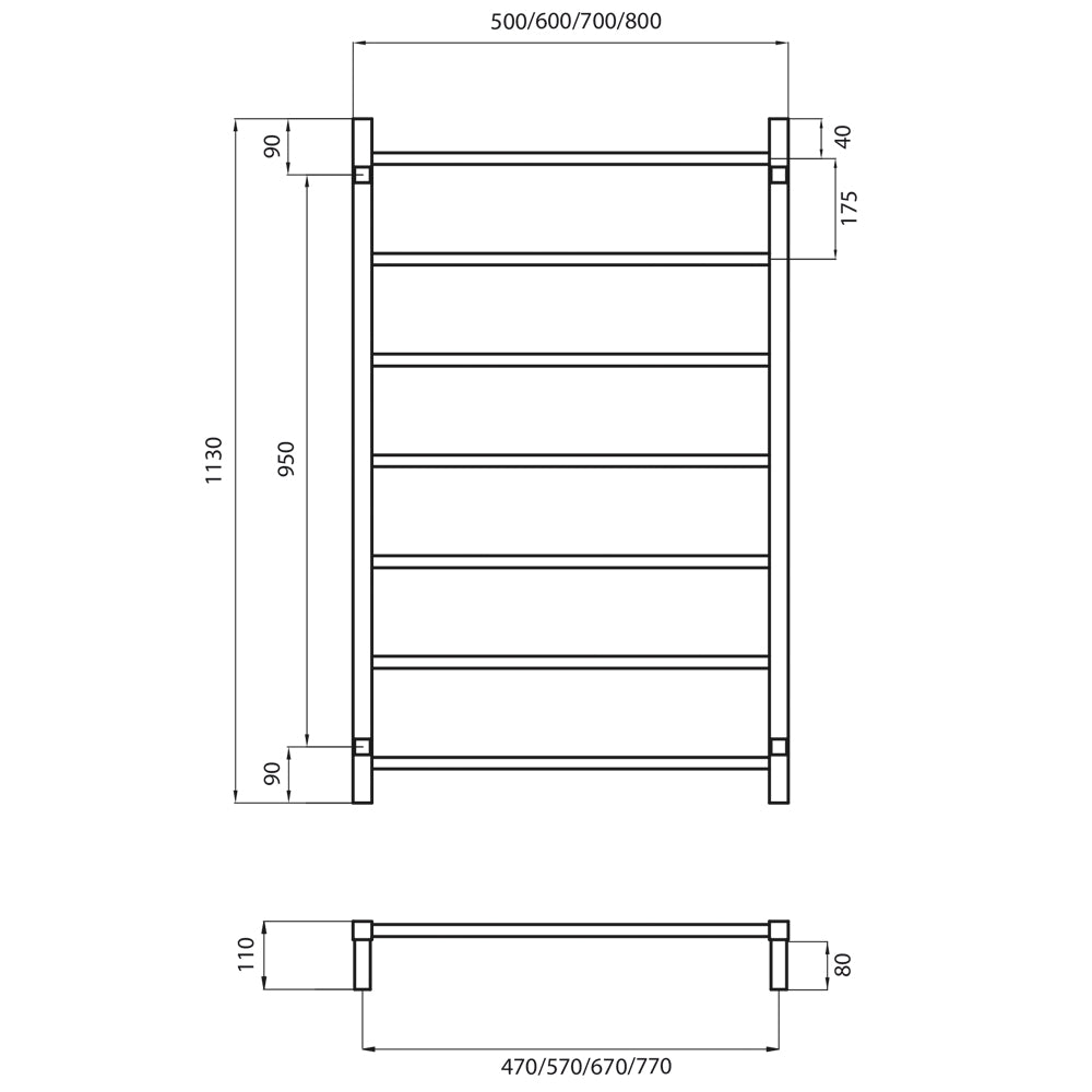 RADIANT HEATING 7-BARS SQUARE NON-HEATED TOWEL RAIL CHROME 700MM