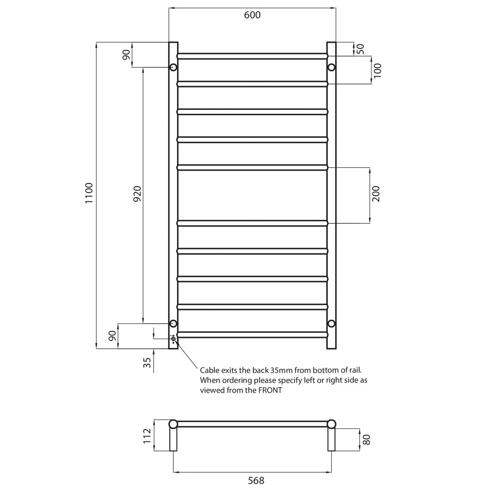 RADIANT HEATING 10-BARS ROUND HEATED TOWEL RAIL CHROME 600MM