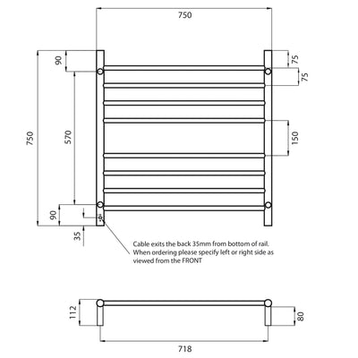 RADIANT HEATING 8-BARS ROUND HEATED TOWEL RAIL GUN METAL GREY 750MM