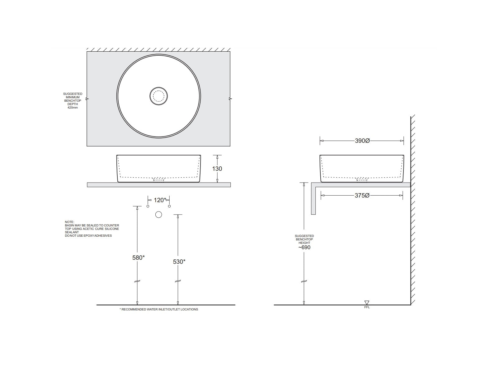 JOHNSON SUISSE VENEZIA ROUND COUNTER TOP BASINS ASH 390MM